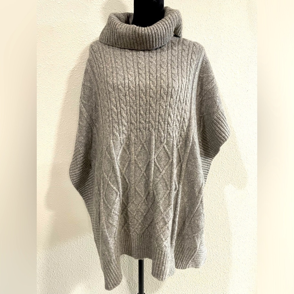 LOFT Gray Cable Knit Poncho Sweater with Cowl Kneck-size M/L